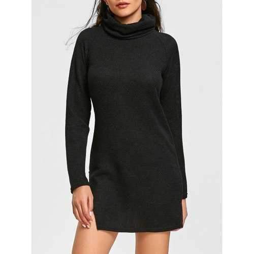 Raglan Sleeve Turtleneck Mini Dress - Black S