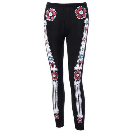 Halloween Skull Bone Floral Leggings - Black M