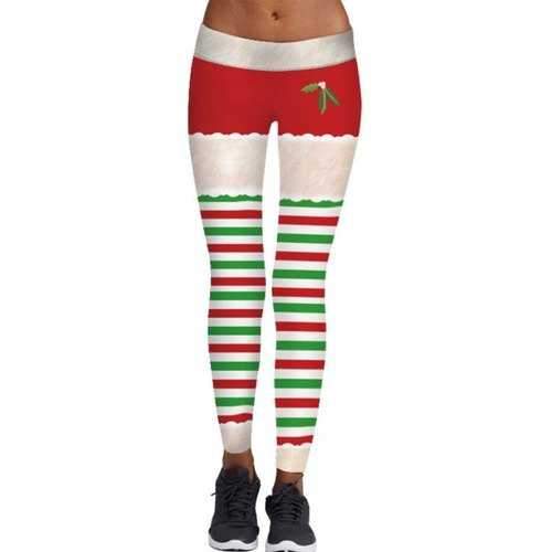 Christmas Striped Berry Print Skinny Leggings - Xl