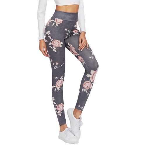 Flowers Printed Leggings Ladies Pencil Pants - Gray Xl