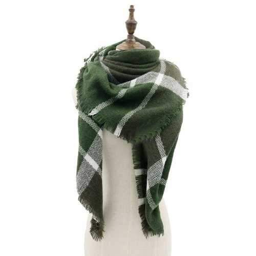 Vintage Plaid Pattern Embellished Faux Wool Shawl Scarf - Army Green