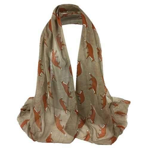 Jumping Fox Pattern Embellished Silky Long Scarf - Khaki
