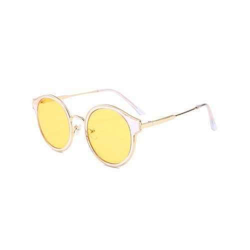 Unique Metal Full Frame Cat Eye Round Sunglasses - Light Yellow