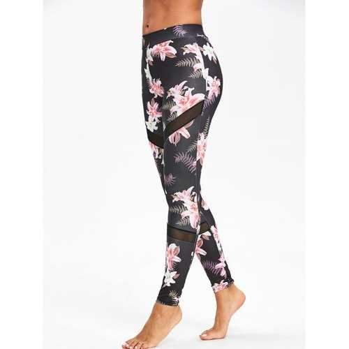 High Waist Floral Print Mesh Panel Leggings - S