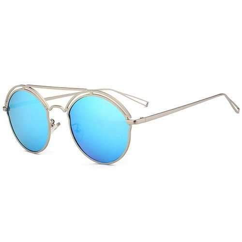 Unique Hollow Out Metal Full Frame Oval Sunglasses - Silver Frame+blue Mercury Lens