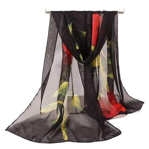 Romantic Rose Pattern Embellished Chiffon Scarf - Black