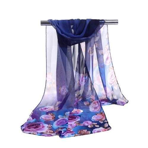 Pretty Floral Pattern Embellished Chiffon Scarf - Royal