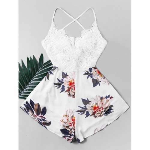 Lace Crochet Criss Cross Floral Romper - L