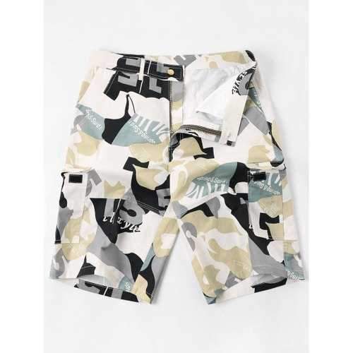 Letter Camo Print Multi-pocket Cargo Shorts - M