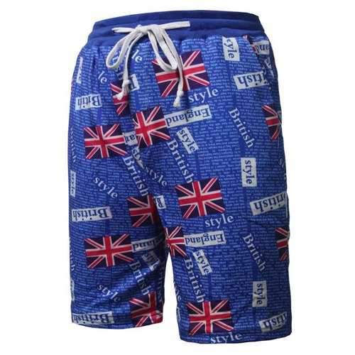 Drawstring Flag Printed Beach Shorts - Blue L