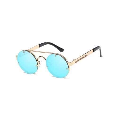 Retro Crossbar Metal Full Frame Sun Shades Sunglasses - Gole Frame + Blue Lens