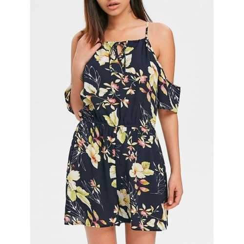 Spaghetti Strap Cold Shoulder Floral Print Romper - L