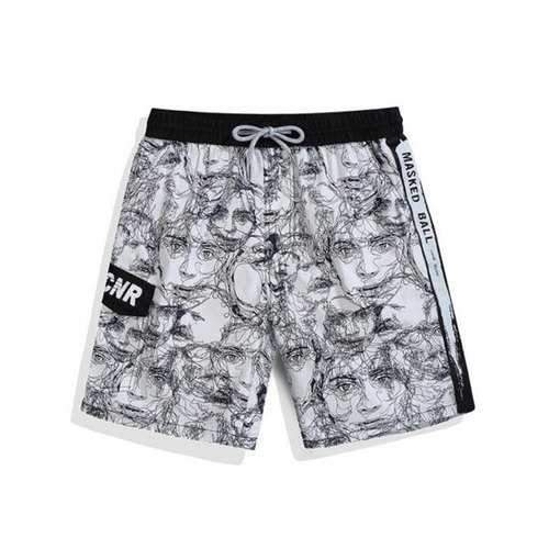 Allover Face Line Drawing Print Beach Shorts - White L
