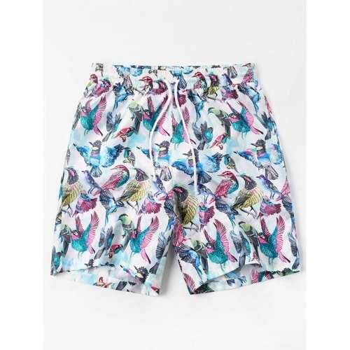 Drawstring Birds Print Shorts - White M