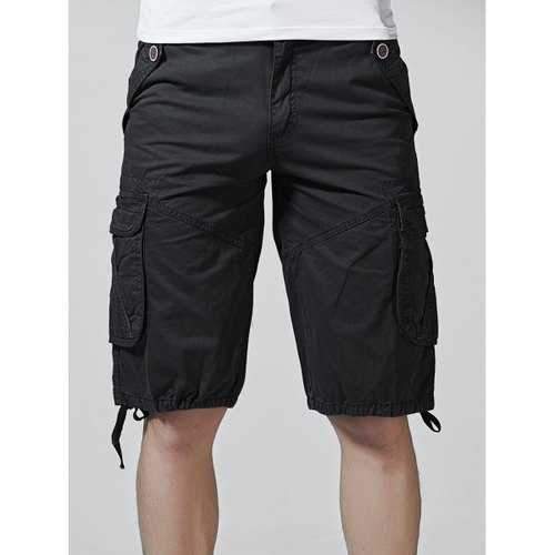 Drawstring Hem Multi Pockets Zip Fly Cargo Shorts - Black 34