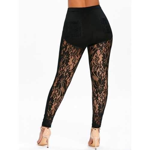 See Through Lace Insert Skinny Leggings - Black M