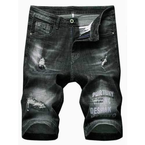 Ripped Letter Print Casual Denim Shorts - Dark Slate Grey 32