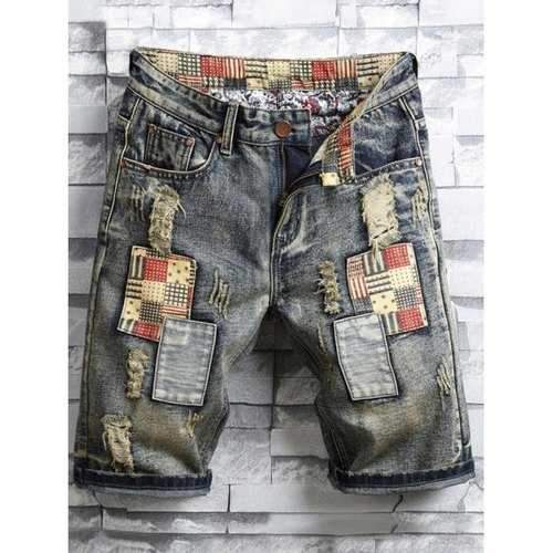 Zipper Fly Applique Ripped Casual Shorts - Battleship Gray 34