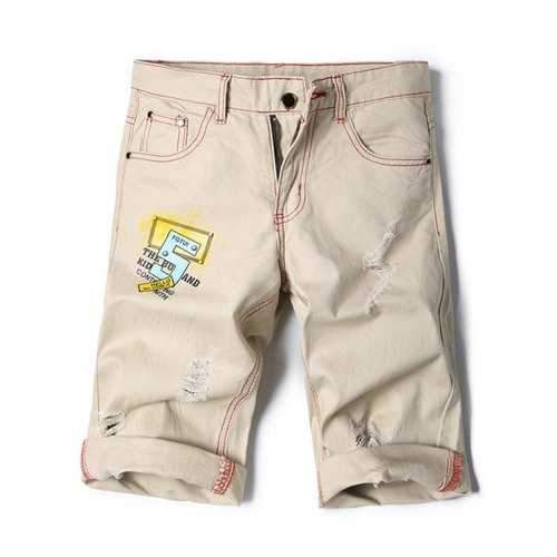 Five-pocket Ripped Letter Print Shorts - Beige 30