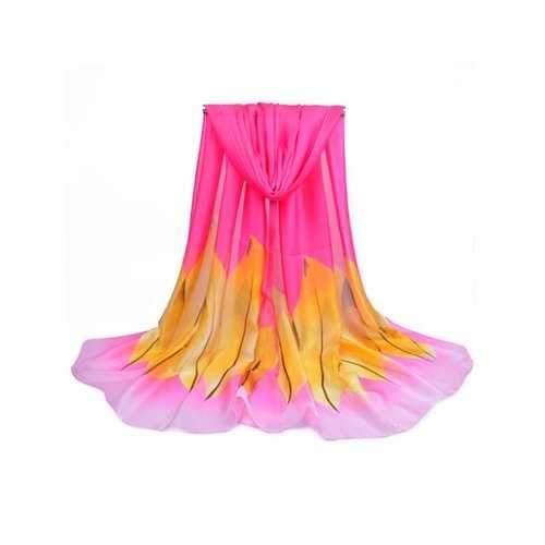 Fresh Leaves Printed Silky Long Scarf - Rose Red