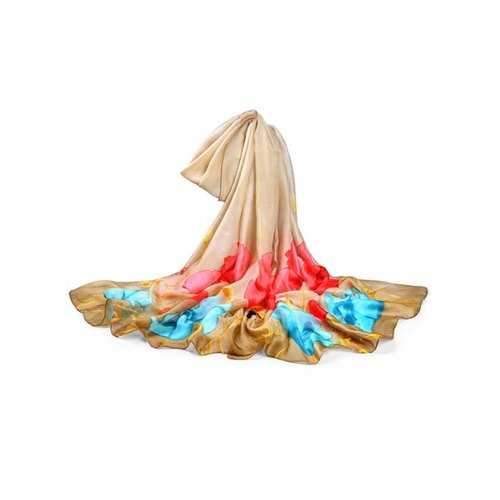 Flowers in Full Bloom Pattern Silky Shawl Scarf - Camel Brown