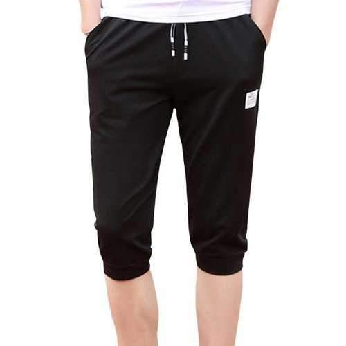 Casual Drawstring Waist Letter Applique Shorts - Black Xs