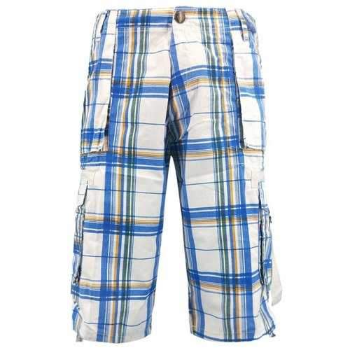Plaid Drawstring Edge Cargo Shorts - Sky Blue 34