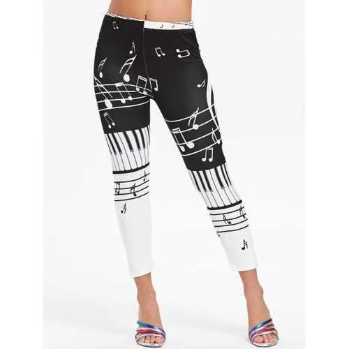 Elastic Waisted Music Notes Print Leggings - Black S