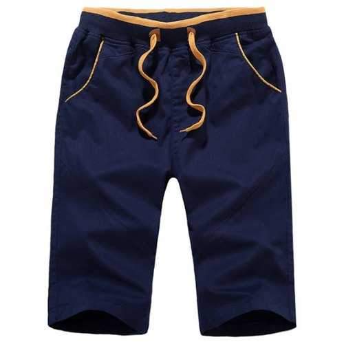 Drawstring Elastic Waist Knee Length Shorts - Deep Blue L