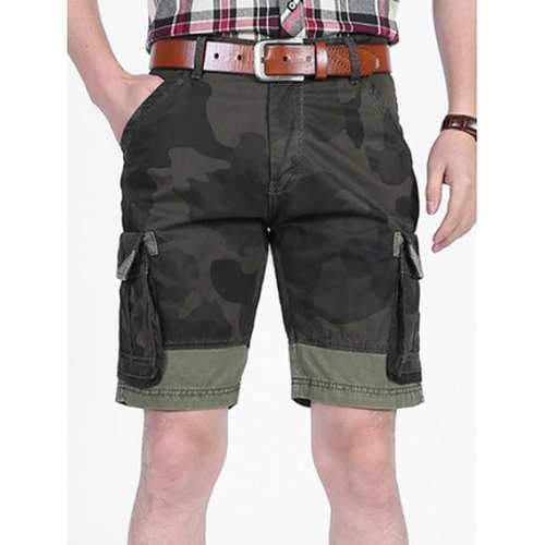 Camo Print Patchwork Cargo Shorts - Camouflage Green 32