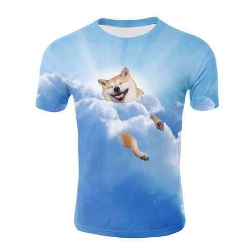3D Clouds Sky Dog Print Casual T-shirt - Glacial Blue Ice Xl