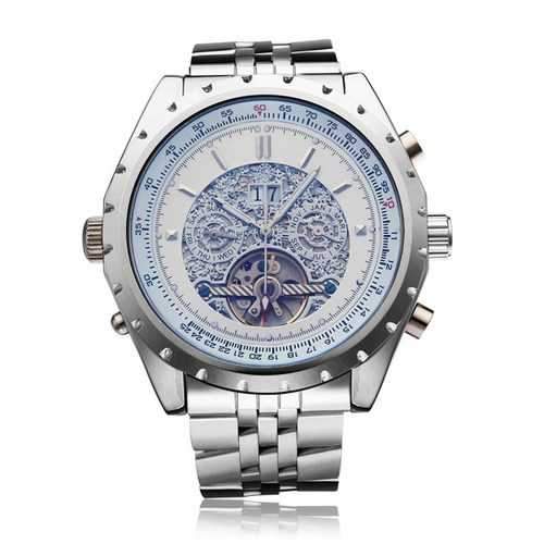 JARAGAR 3 Dial Mechanical Silver Stainless Steel Men Wrist Watch