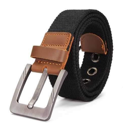 Mens Canvas Cowhide Trimmings Single Buckle Woven Belts