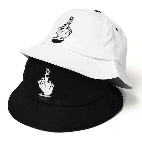 Unisex Finger Embroidery Black White Cotton Cap Fisherman Bucket Hat