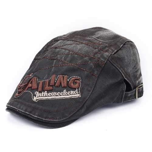 Mens Vintage Beret Hat SAILING Embroidery Washed Cotton Paper Boy Cap