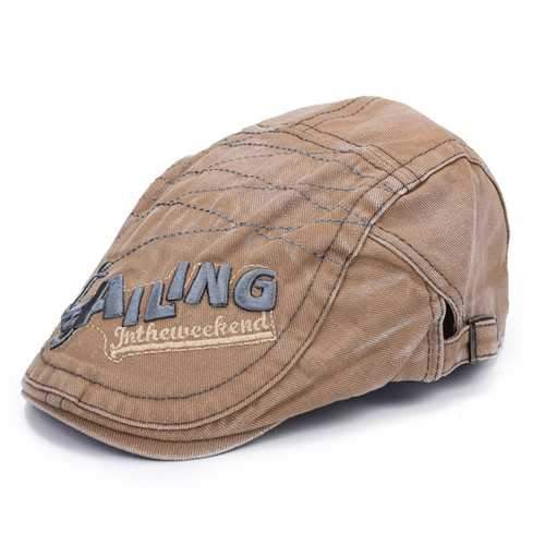 Mens Vintage Beret Hat SAILING Embroidery Washed Cotton Paper Boy Cap