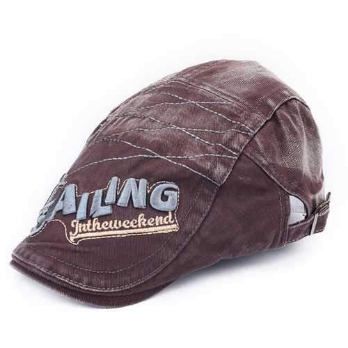 Mens Vintage Beret Hat SAILING Embroidery Washed Cotton Paper Boy Cap