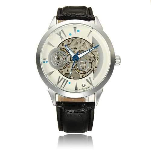 Forsining 897 Black White Leather Band Mechanical Wrist Watch