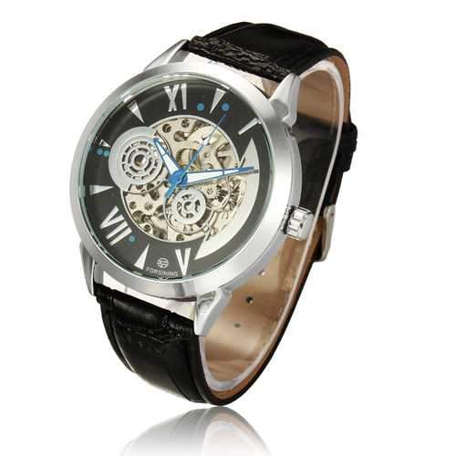 Forsining 897 Black White Leather Band Mechanical Wrist Watch
