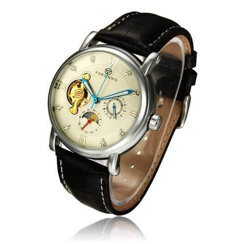 Frosining 800 Silver Case Mechanical Leather Band Wrist Watch