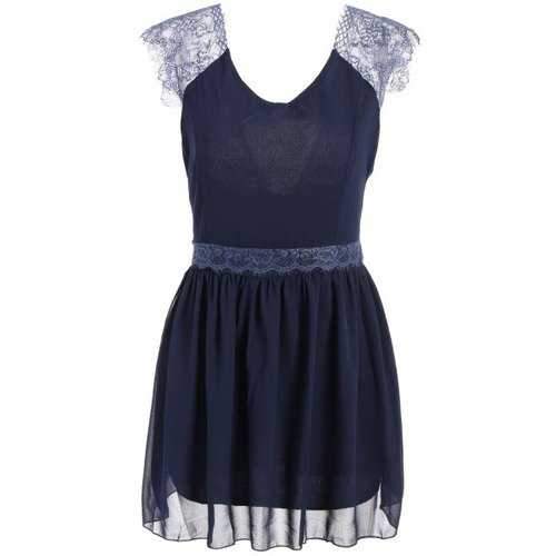 Trendy Style Sleeveless Lace Splicing Solid Color Backless Women's Dress - Blue Xl