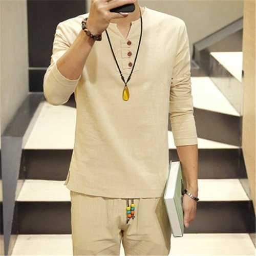 Mens Solid Color Vintage Linen Buttons Casual Long Sleeve T-shirts