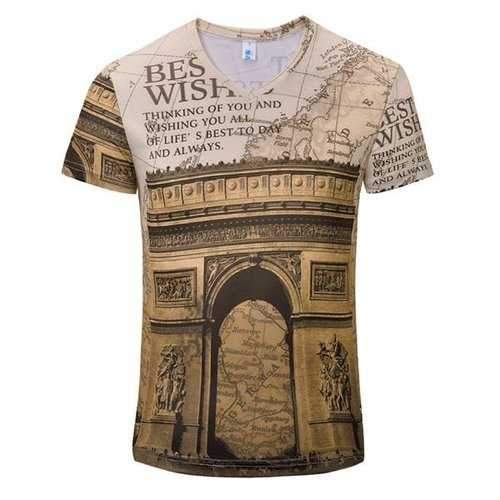 Summer Mens Breathable Personalized Retro Printing Slim Fit V neck Casual T-shirts