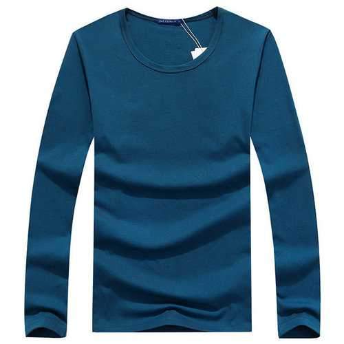Fall Winter Mens Solid Color Base Tees Round Neck Long Sleeve T-shirts