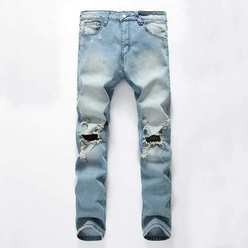 Vintage Fashion Light Blue Worn Hole Printed Stone Washed Denim Ripped Jeans for Men