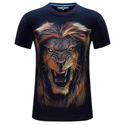 Mens Large Size Summer T-shirts Cool 3D Lion Printing Short Sleeve Cotton Top Tees