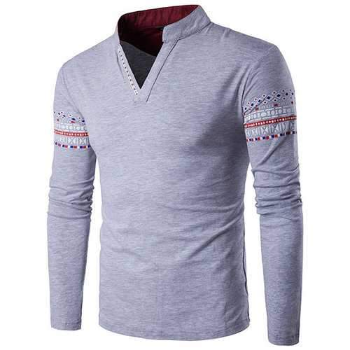 Mens Fashion Chinese Collar V-neck Printing Long Sleeve Casual T-shirt