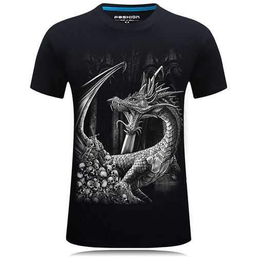 Mens Plus Size Fashion Dragon Printing Short Sleeve O-neck Cotton T-shirt