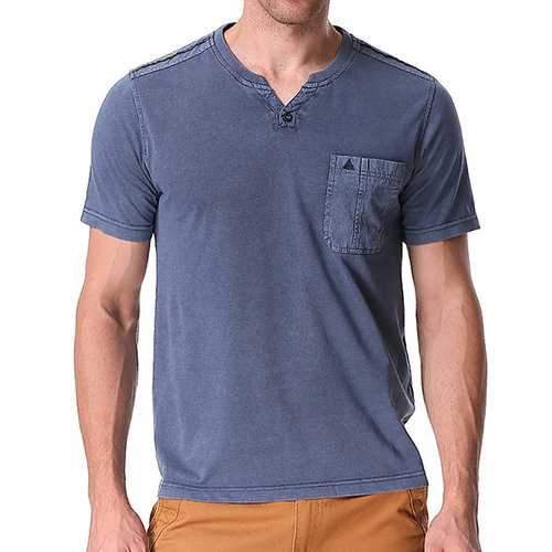 Mens Summer Cotton Breathable Solid Color V-neck Short Sleeve Casual T-shirt