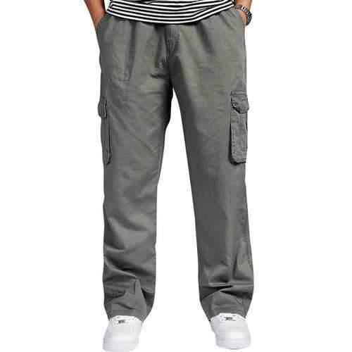 Mens Multi-pocket Cotton Cargo Pants Elastic Waist Loose Fit Solid Color Casual Trousers